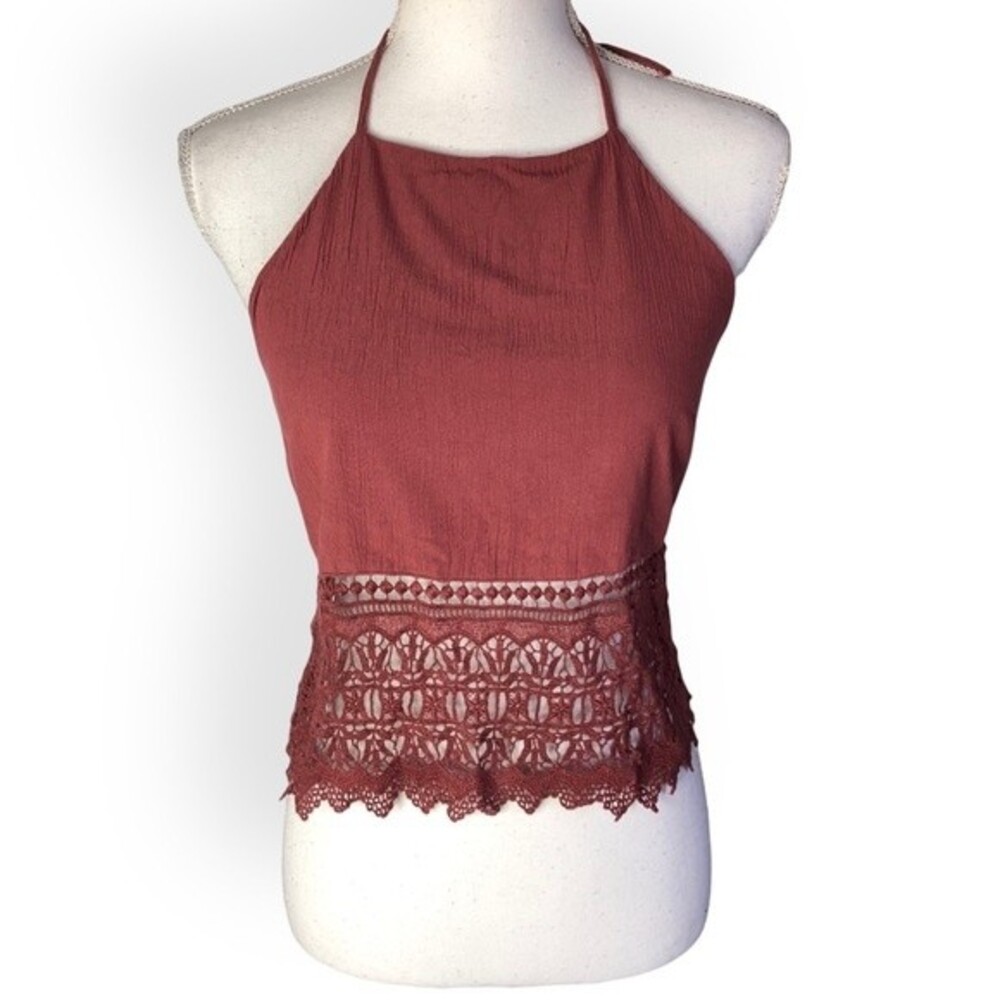 American Eagle Rust Halter Neck Embroidered Lace Crop Top
